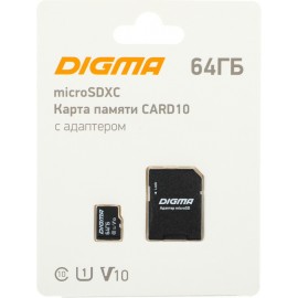 Карта памяти 64Gb Digma CARD10 DGFCA064A01, SD Micro, SDXC Class 10, UHS-I U1 + адаптер