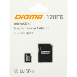 Карта памяти 128Gb Digma CARD30 DGFCA128A03, SD Micro, SDXC Class 10, UHS-I U3 + адаптер