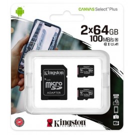 Карта памяти 2x64Gb Kingston Canvas Select Plus SDCS2/64GB-2P1A, SD Micro, SDXC Class 10, UHS-I U1, переходник