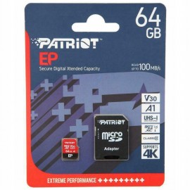 Карта памяти 64Gb Patriot EP PEF64GEP31MCX, SD Micro, SDXC Class 10, UHS-I U3, переходник