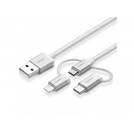 Кабель USB2.0 (M) - USB2.0 Type-C (M) + microUSB2.0 (M) + Lightning (M), 1.5м, Ugreen US186 50203, Silver