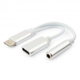 Кабель адаптер USB Type-C (M) - Jack3.5 + USB Type-C (F) Gembird/Cablexpert CCA-UC3.5F-02-W, 0.15м, белый