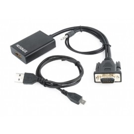Кабель адаптер VGA (M) + Jack3.5 + USB power input - HDMI (F), Gembird/Cablexpert A-VGA-HDMI-01, черный