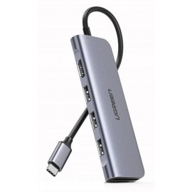 Разветвитель USB Ugreen CM195 70410, USB Type-C - 3xUSB3.0, HDMI, CR, серый