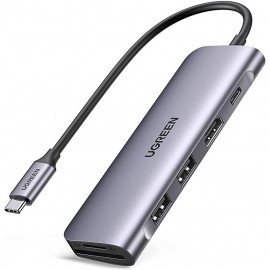 Разветвитель USB Ugreen CM195 70411, USB Type-C - 2xUSB3.0, HDMI, CR, серый