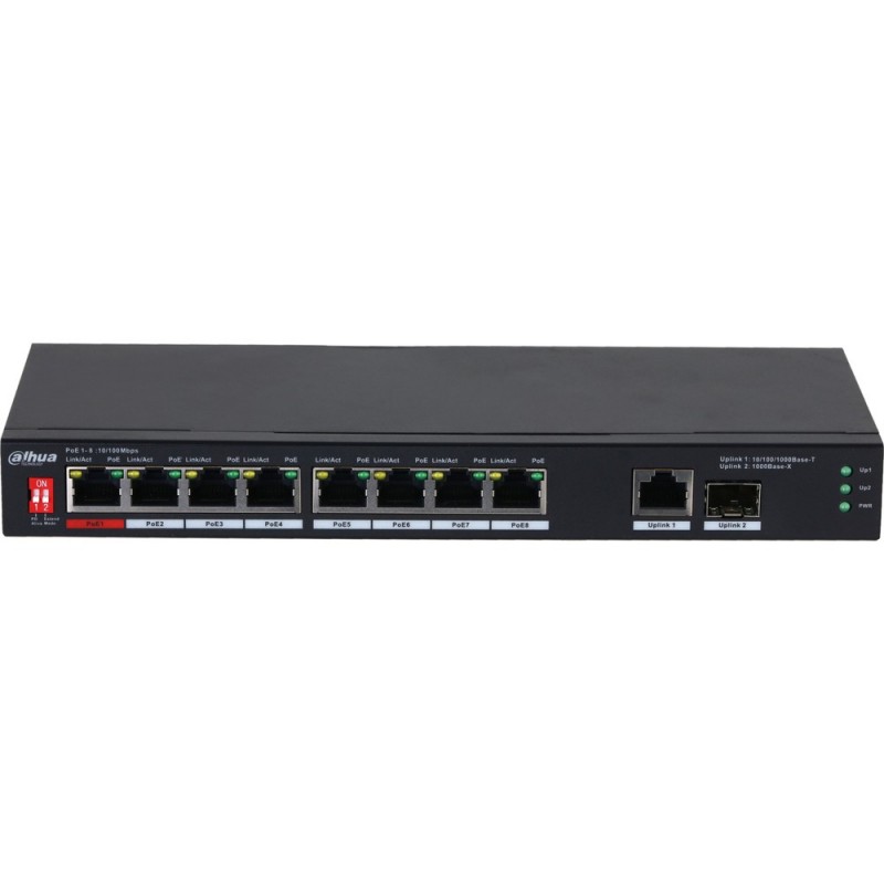 Коммутатор Dahua DH-PFS3110-8ET1GT1GF-96, 8xLAN 100Mbps, 2xLAN 1Gbps, 2xSFP, PoE