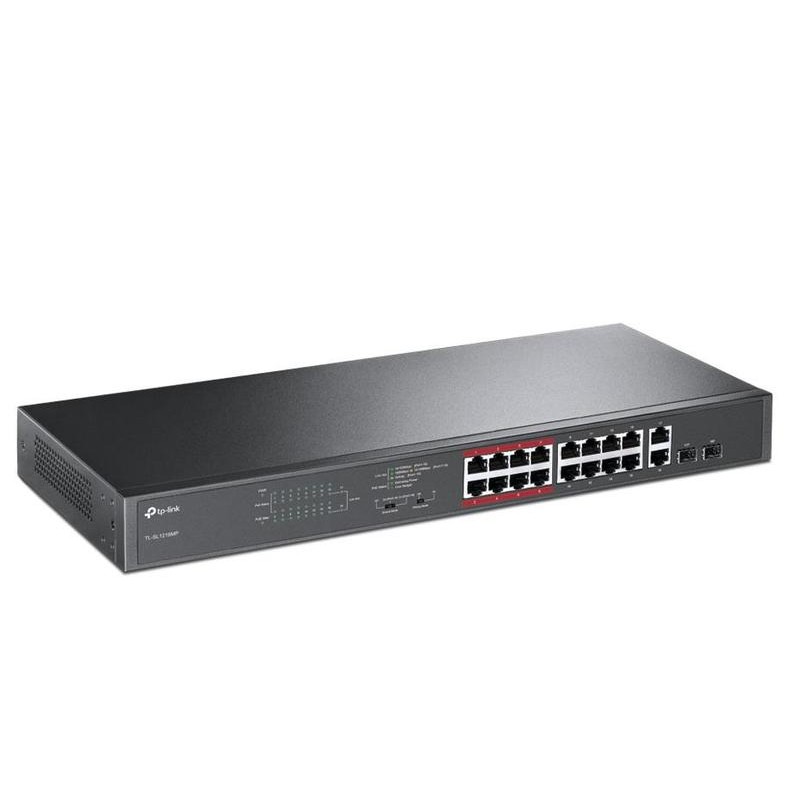 Коммутатор TP-Link TL-SL1218MP, 16xLAN 100Mbps, 2xLAN 1Gbps, 2xSFP, PoE, 19"
