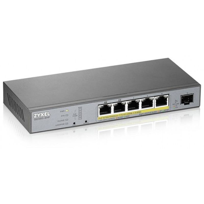 Коммутатор ZyXEL GS1350-6HP-EU0101F, 5xLAN 1GBbps, 1xSFP, PoE+