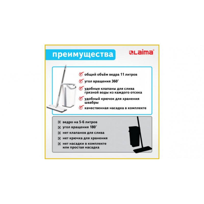 Набор для уборки Швабра с отжимом и двухкамерным ведром для мытья полов и уборки, LAIMA, 607979