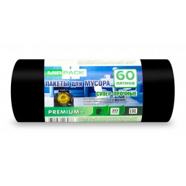 Мешки для мусора 60л 20шт/рулон ПВД Mirpack Premium+ 20мкм 60*70см цв.черный, 6020150