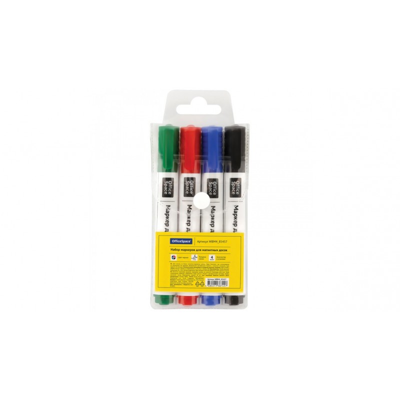 Набор маркеров для белых досок OfficeSpace 04цв., пулевидный, 3мм, чехол с европодвесом WBM4_85457